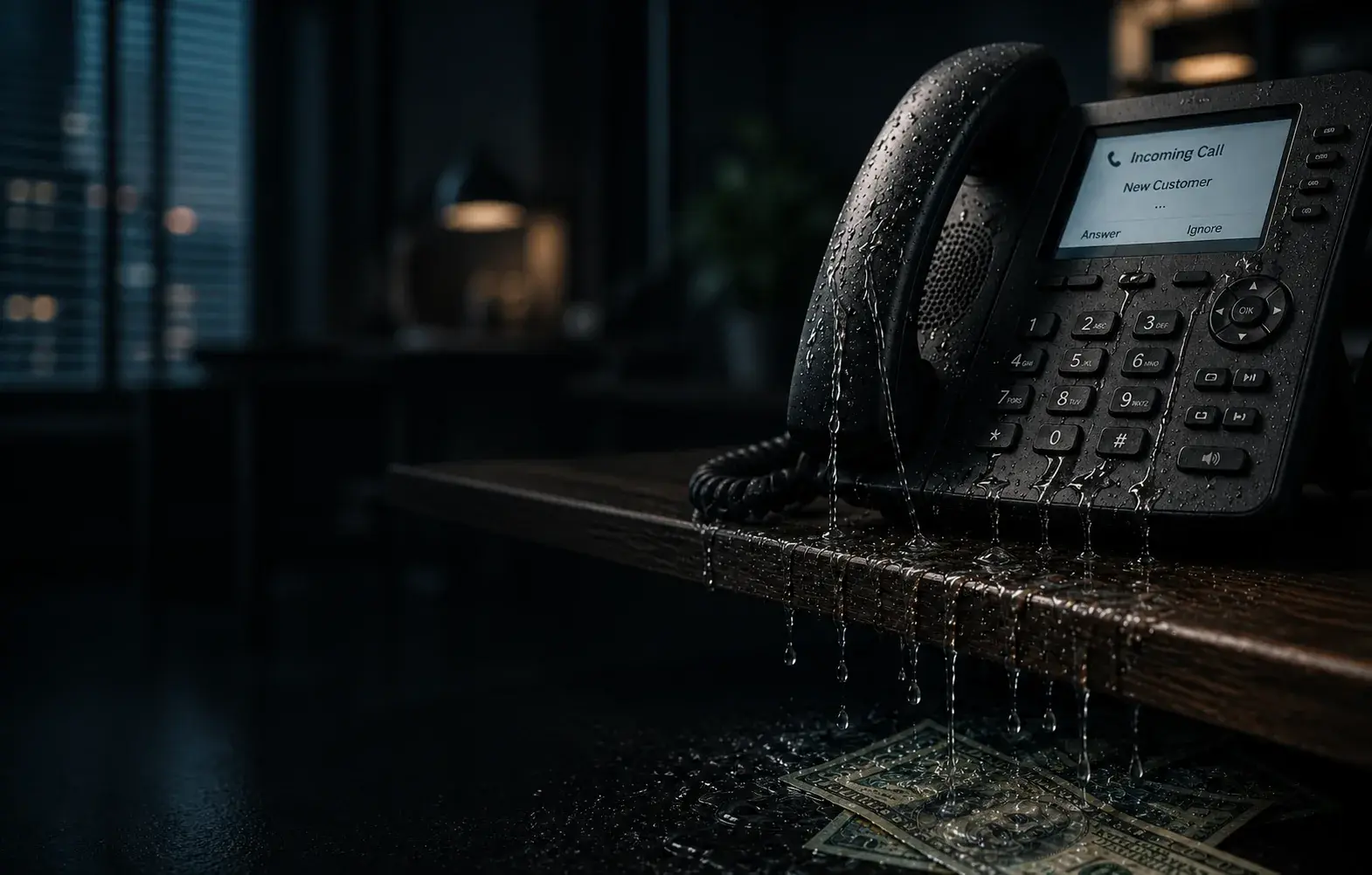 A leaking office phone above wet cash, representing an unanswered incoming sales opportunity